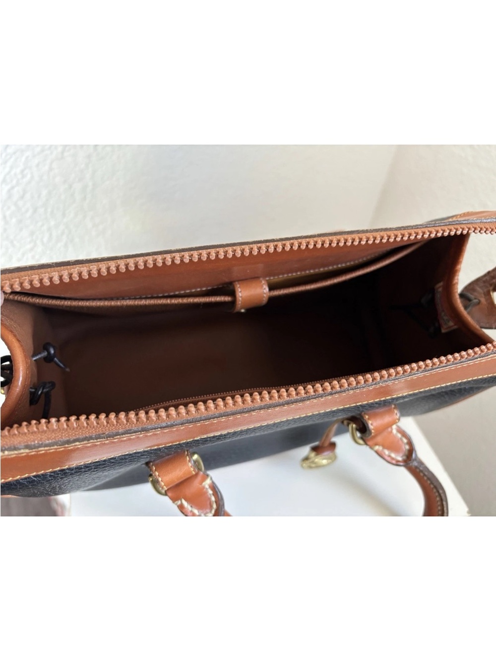 Dooney & Bourke Black Leather Satchel with Brown Trim - Picture 4 of 5